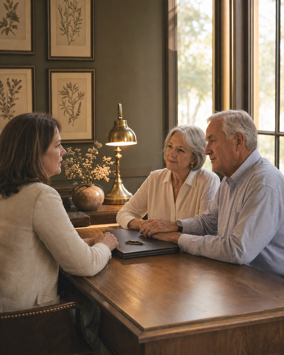 Patricia Whitfield meeting with clients across a warm walnut desk in late-afternoon light, an editorial-style scene of a careful estate-planning conversation